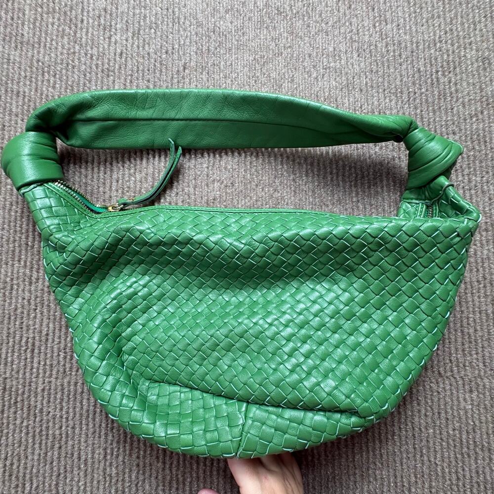 Giorgia Milani Leather Hobo Knotted Strap Shoulder Bag Beige Green Made in Italy